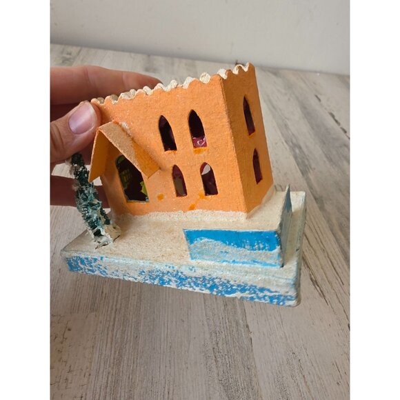 Vintage putz mica paper Orange adobe house village flocked tree Japan Xmas decor - Picture 4 of 8